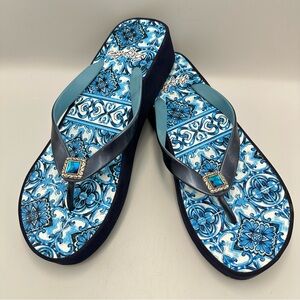 Brighton Blue Bella Capri Tiles Ink Flip Flop Wedge Rhinestone Womens Size 9
